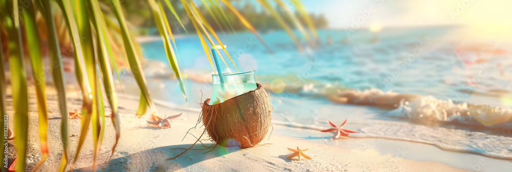 Coconut Header Tropical beach with sea coconut drink on sand, summer holiday ...