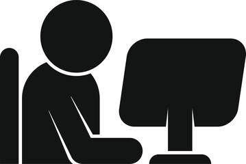 Poster - simple black and white icon depicting a person seated at a desk with a computer monitor