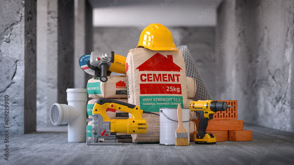Construction materials and tools indoors with walls without finishing ...