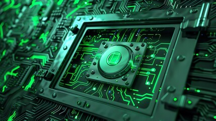 Poster - Close-up view of a glowing green microchip on a circuit board, representing futuristic technology and advanced computing components.