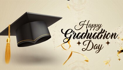 Wall Mural - Happy Graduation Day Card - Marketing Post for Graduation - Students Finishing College Succesfully - Greetings Card for University Students Congratulations - University Hat and Festivity