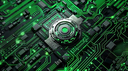Poster - Futuristic green glowing circuit board close-up, high-tech electronic component detail, digital technology concept.