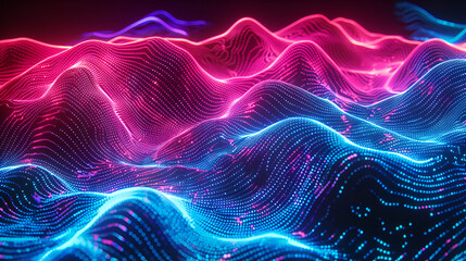 Wall Mural - Purple energy magic waves high tech digital iridescent morphing with light rays lines and energy particles, Abstract background, 3D render of a network communications background with flowing digital 
