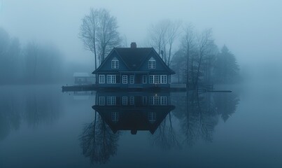 Wall Mural - House reflecting on the still lake during a foggy day