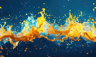 mix of yellow light blue blended paint drops dissolving in fluid and creating abstract patterns against blue background