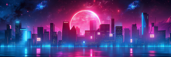 Wall Mural - a city skyline with a large red moon in the background