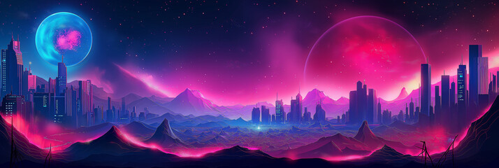 Wall Mural - A cityscape with a large blue and purple moon in the background
