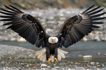 Majestic bald eagle landing on a rocky beach, perfect for wildlife and nature-themed projects