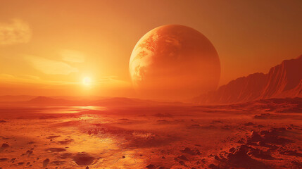 Wall Mural - three astronauts are walking across a desert planet
