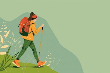 A colorful 2D cartoon illustration of a hiker with a backpack walking along a nature trail, isolated on a solid green background, capturing the joy of outdoor adventure.