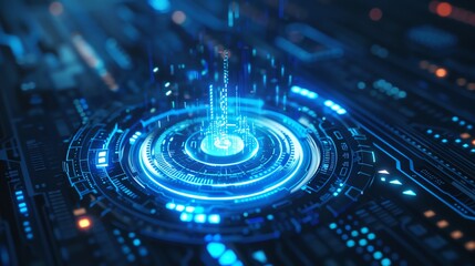 Poster - Futuristic blue technology interface with glowing digital elements and a circular data hub on a dark background.