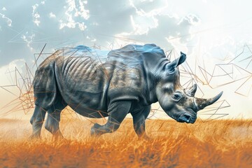 Wall Mural - A powerful rhino standing in a grassy field. Perfect for nature and wildlife themes