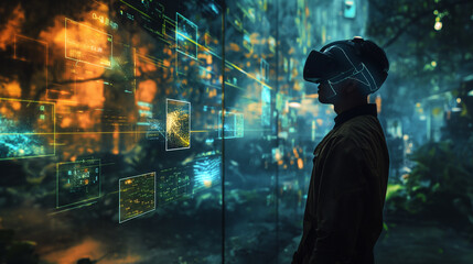 Wall Mural - A man is looking at a computer screen with a virtual reality headset on