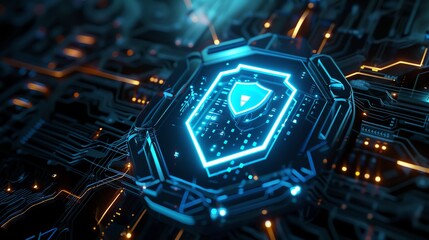 Poster - Futuristic cybersecurity concept with a glowing shield icon on a circuit board, symbolizing digital protection and data security.