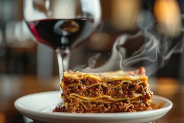 Wall Mural - A white plate with a steaming slice of lasagna bolognese topped with melted cheese, next to a glass of red wine