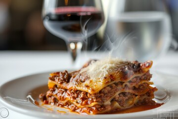 Wall Mural - A closeup of a white plate topped with lasagna bolognese covered in savory meat sauce, with steam rising from the dish