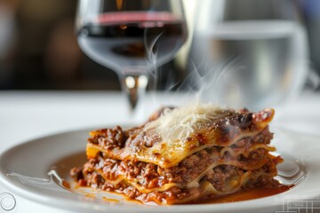 Sticker - A closeup of a white plate topped with lasagna bolognese covered in savory meat sauce, with steam rising from the dish