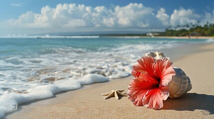 Wall Mural -   A pink flower on a sunny beach, near the ocean, under a blue sky with white clouds