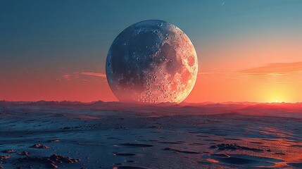 Wall Mural - a vast moon stands tall amidst an arid desert landscape, framed by a breathtaking sunset and wispy c