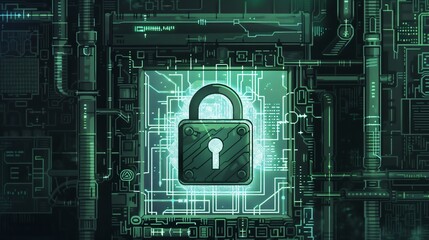 Poster - A digital padlock on a futuristic circuit board background, representing cybersecurity and data protection in technology infrastructure.