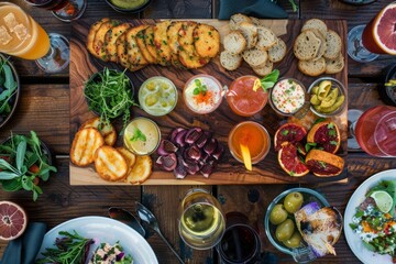 Sticker - A wooden table adorned with plates of delicious food, showcasing a variety of simple appetizers elegantly arranged on rustic platters