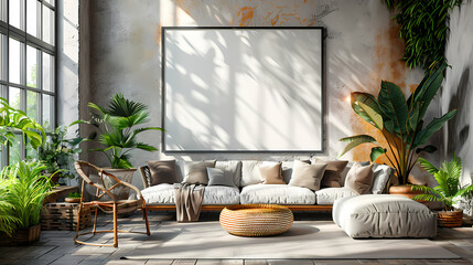 Wall Mural - 3D render Frame mockup, ISO A paper size. Living room wall poster mockup. Interior mockup with house background. Modern interior design