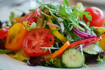 Wall Mural - A fresh and vibrant salad arranged neatly on a white plate, showcasing the colorful vegetables up close