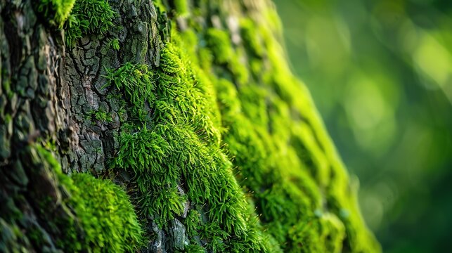Macro shot of vibrant green moss on a tree trunk, Hyperrealistic, Rich greens, Photography
