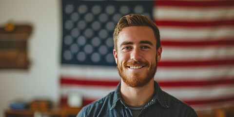 Smiling Patriot: Positive Male Pose with USA Flag