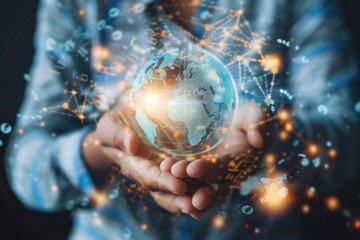 Poster - A person holding a globe in their hands. Suitable for global concept designs