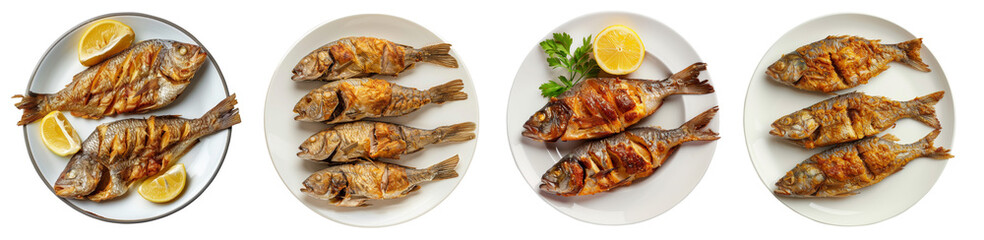 Fried fish on plates, cut out, isolated on transparent background, top view.