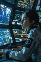 Poster - A woman sitting in front of a computer screen. Suitable for technology concepts