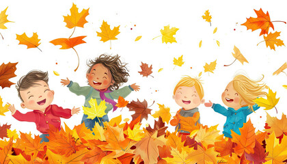 Happy Children Playing in a Pile of Autumn Leaves - Embrace the season with this image of happy children playing in a pile of autumn leaves