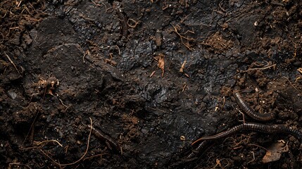 Soil with earthworms, garden bed, rich dark browns, macro photography, detailed soil and worm textures