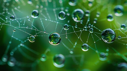 Water droplets on a spider web, Macro Photography, Clear, High Detail, focusing on the delicate texture of water and web strands