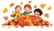 © Lila Patel - Happy Children Playing in a Pile of Autumn Leaves - Embrace the season with this image of happy children playing in a pile of autumn leaves