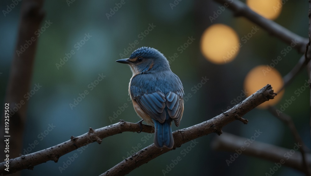 A small blue bird sitting on a branch with bokeh in the background,.