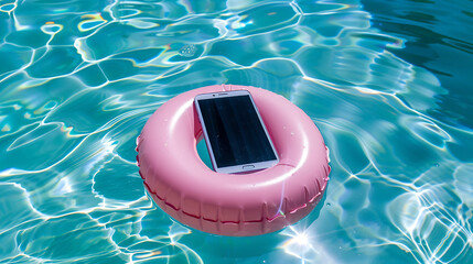 Wall Mural - A smartphone on a pink inflatable float, gently bobbing on the surface of a clear blue swimming pool – what a perfect blend of technology and leisure
