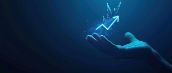 Poster - Business graph data analysis profit arrow with neon blue color over businessman hand. Generative AI