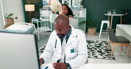 Wall Mural - Doctor, African man and girl with bear, toys and irritated with adhd at clinic with game. Father, daughter and stress with writing for medical report, frustrated and results in home surgery office