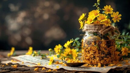 Sticker -   A jar of yellow flowers sits atop paper, beside a bowl of dry blooms