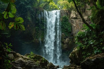 Sticker - Waterfall Spring. Scenic La Cangreja Cascade in Rincon de La Vieja National Park, Costa Rica