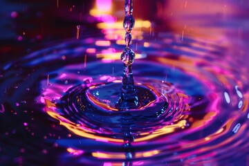 neon purple water droplet falling into liquid, abstract acid background