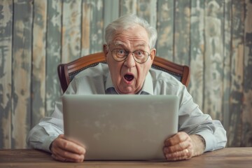 Senior retired man  looking shocked and surprised using laptop at home minimal interior with wooden panels