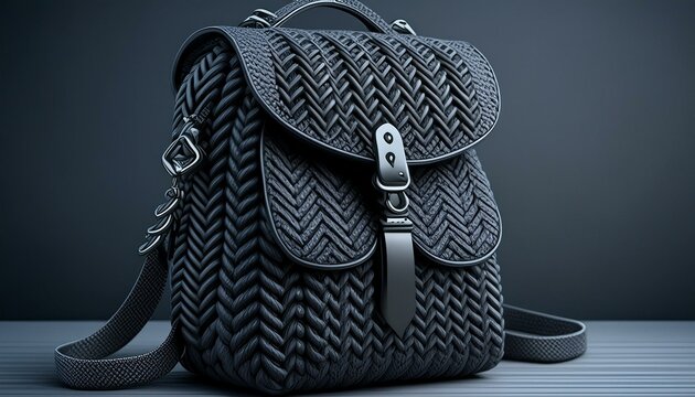 A sleek, black crochet backpack with a subtle chevron pattern, against a matte charcoal background. The design features a silver clasp and minimalist, thin straps.