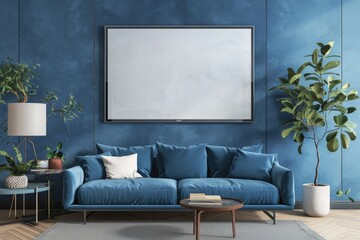 Interior Blue. Steel Blue Modern Living Room with Mock-up Wall for Poster Display