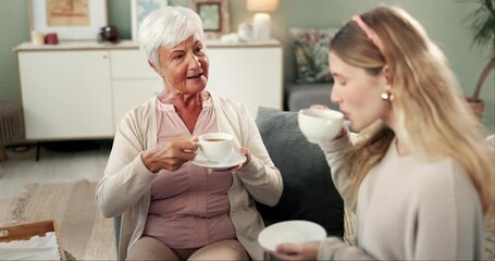 Poster - Senior woman, tea and toast in home with daughter for cheers, happy memory and care on visit in family home. Elderly mother, daughter and cheers on lounge couch with warm drink in talk for success