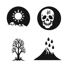 Canvas Print -  black and white. 1 skull, 1 tree, 1 mountain, 1 water droplet, 1 sun