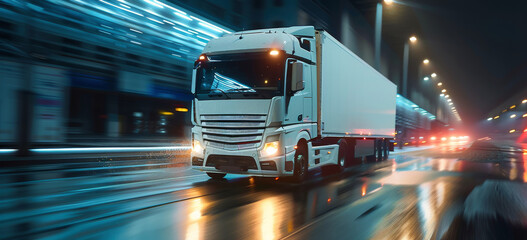 Wall Mural - Truck Driving Down City Street at Night