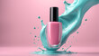 © Jati - a pink nail polish bottle with a splash of blue liquid for beauty makeup concept